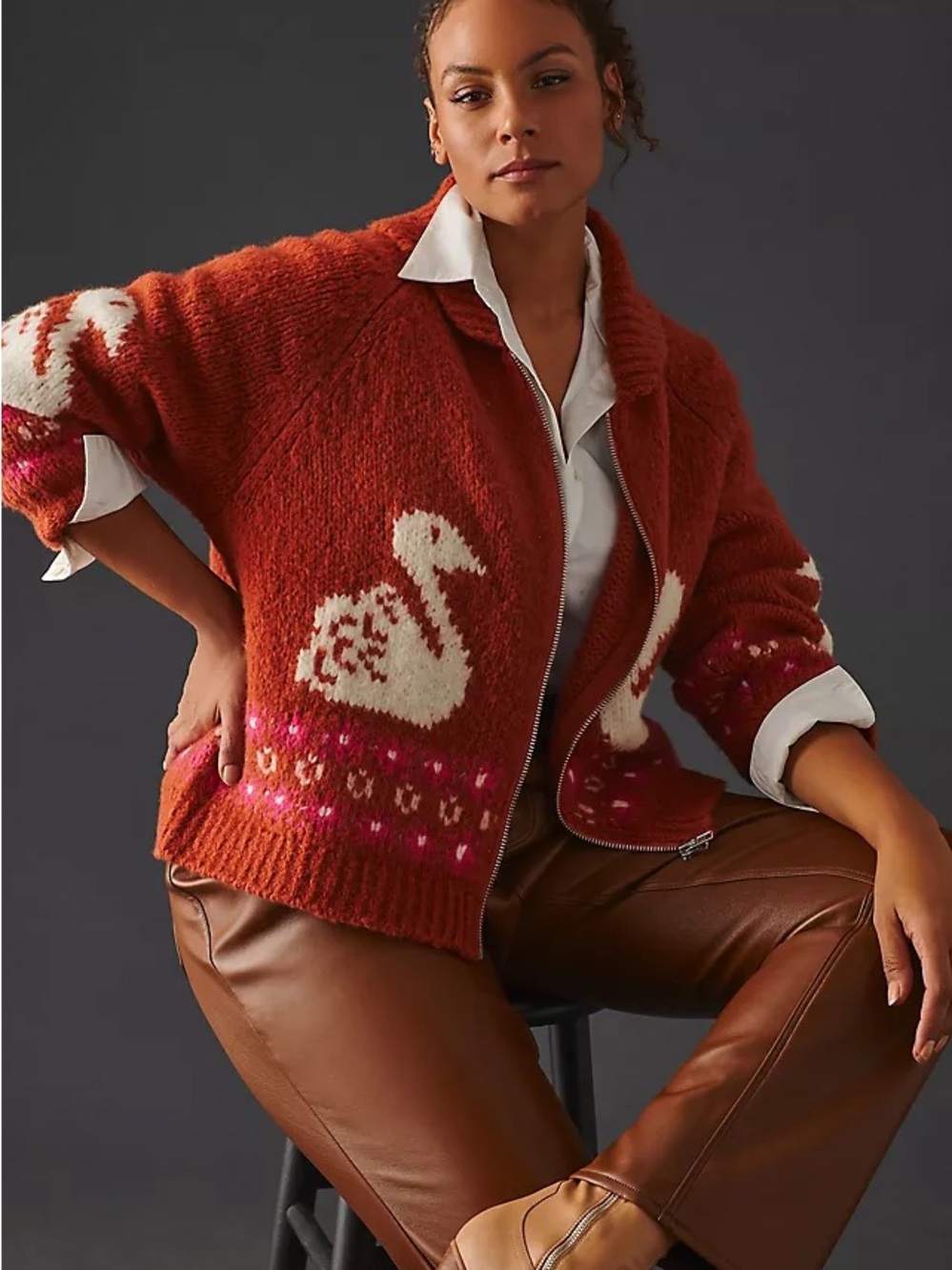 Anthropologie Swan Intarsia Zip Cardigan Rust Wool Blend Novelty Sweater Jacket - Picture 3 of 16
